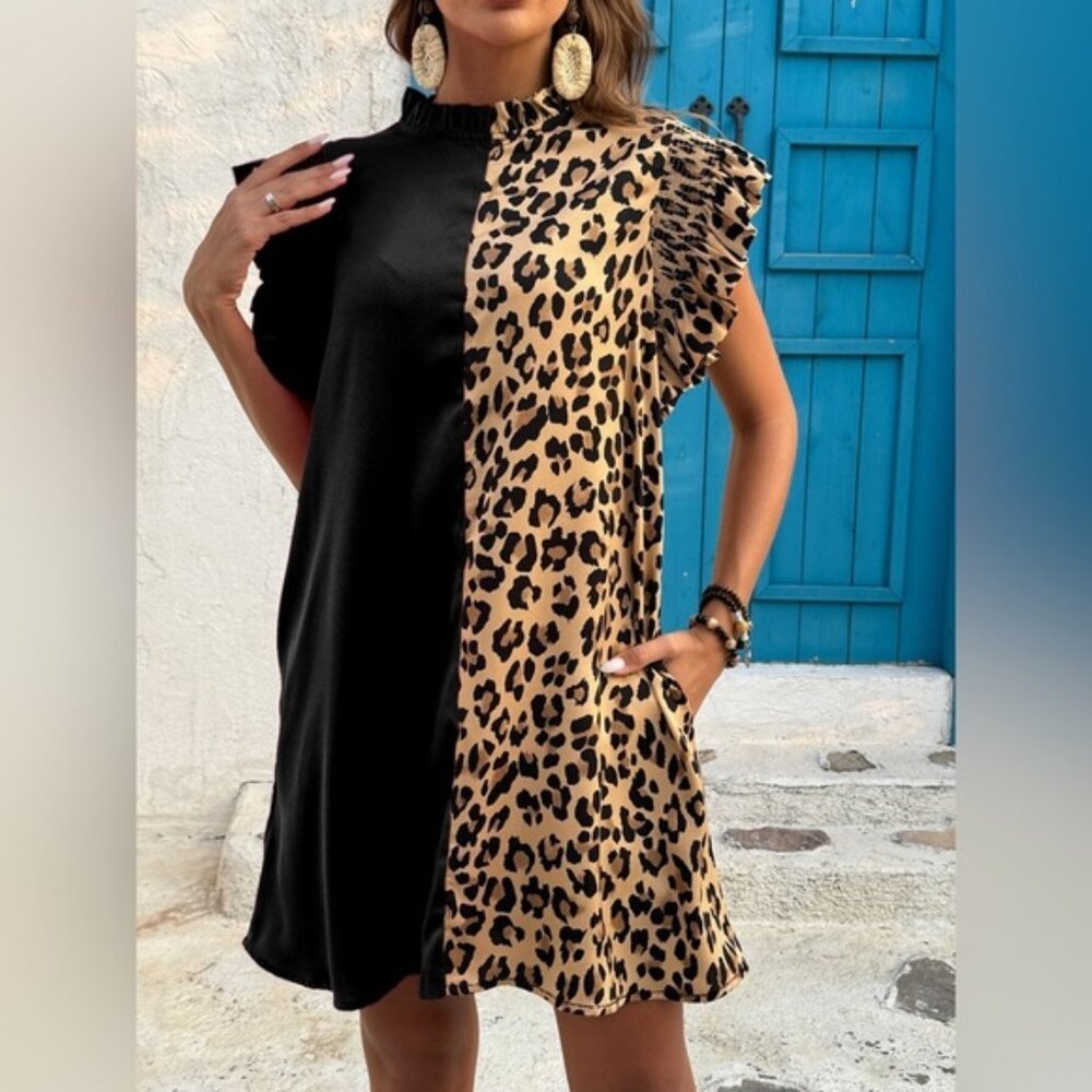Leopard Color Block Ruffle Sleeve Dress - Picture 9 of 10